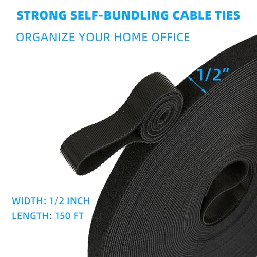 Image of 150 ft x 1 /2 inch Hook and Loop Roll, Reusable Fastening Cable Ties, Multi-Purpose Cable Management Wire Ties Cable Straps for Organizing Home, Office and Data Centers