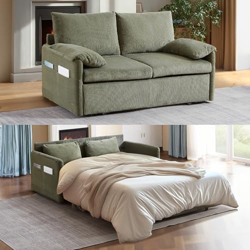 CAPCAEK Queen Size Pull Out Couch Sleeper Sofa Bed, 3-in-1 Convertible Futon Couch for Living Room with Storage Pockets & Arm Pillows, Modern Corduroy Sofa Bed(Green)