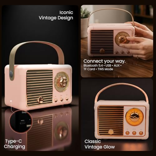 Image of Walta Elite Retro Portable Bluetooth Speaker, Pink, Vintage Style, 10W, TWS Mode, BT 5.4, USB /AUX /TF, Type-C Charging, 5Hrs Playtime