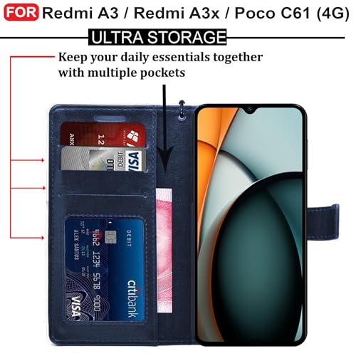 Image of CEDO Flip Cover for Redmi A3 / Redmi A3x / Poco C61 (4G) | Leather Finish | Inside Pockets & Inbuilt Stand | Shockproof Wallet Style Magnetic Closure Back Case Flipcover (Blue)