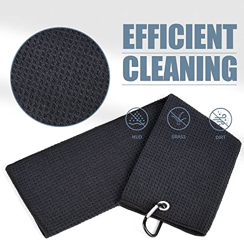 Mile High Life Microfiber Waffle Pattern Tri-Fold Golf Towel | Brush Tool Kit With Club Groove Cleaner, Retractable Extension Cord And Clip (Black Towel+Grey Brush) #TOP2