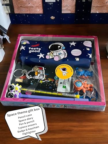 Image of Le Delite Kids Space Astronaut Planet Theme Stationery Set-7-Piece Combo with Diary,Pouch,Eraser,Pen,Pencil,Keychain & Badge for Boys & Girls,Perfect Return Gift(Dark Blue with Box Packing),100 Pages
