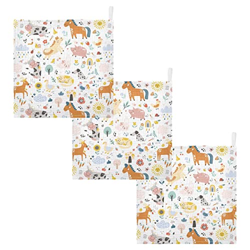 Image of Cute Farm Animals Baby Muslin Washcloths - Soft Face Towel for Newborns, 11.8 X 11.8 Inch, 3 Pack