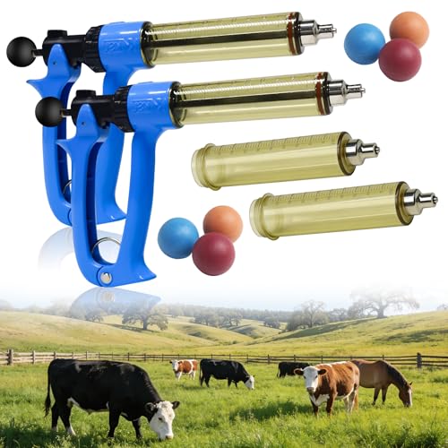 2Pcs 50mL Livestock Syringe Include 6 Colored Piston Rod Knobs & 2 Spare Barrel 5 - Speed Adjustable Livestock Repeater Syringe with Luer Lock for Horse Cattle Goat Sheep Pig