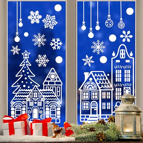 SULOLI Large Christmas Window Clings, Xmas Window Stickers White House Snowflakes Reindeer Decals for Winter Glass Christmas Window Decoration