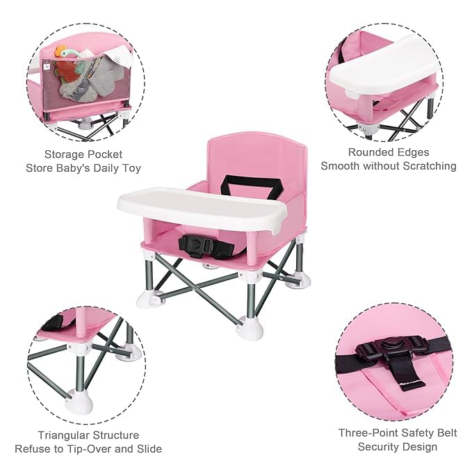 Anadi Baby Travel Booster Seat - Toddler Foldable Camping Chair, Compact Portable Baby Seat with Removable Dining Tray for Boys Girls (Pink) 3
