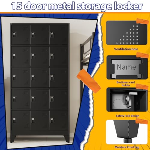Image of PAOFIN Metal Storage Lockers for Employees with Lock,Metal Storage Locker with 15 Doors for School Garage Office Gym Bedroom,Assembly Required,15 Door Black