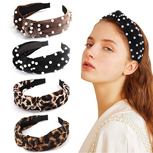 AOPRIE 4 Pcs Knot Headbands Leopard Headbands for Women Turban Headband Pearl Headbands for Women Cheetah Headbands for Women Turban Headbands for Women Diademas para Mujer