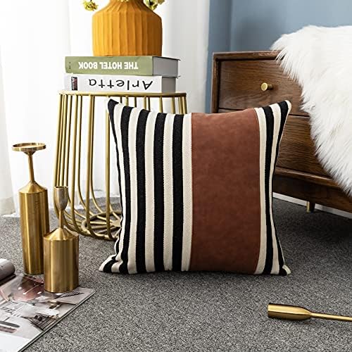 LIGICKY Farmhouse Decorative Boho Throw Pillow Covers, Brown Faux Leather Patchwork Black and White Stripe Square Cushion Cover Modern Decor Pillowcases for Couch Sofa Bed Living Room, 18 x 18 Inch
