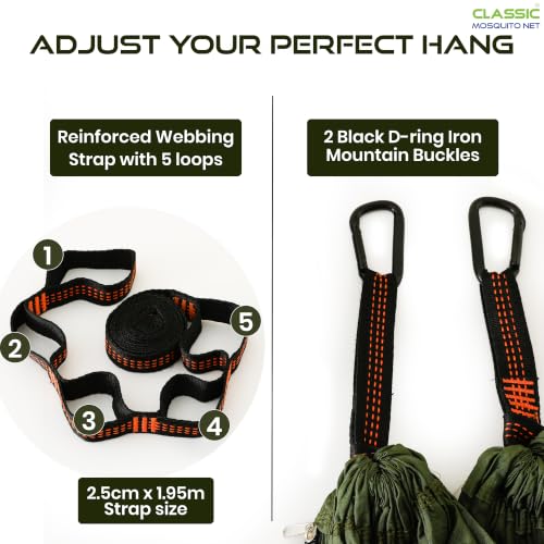 Image of Portable Camping Hammock by Classic Mosquito Net, Dark Green Nylon Hanging Swing with Carabiners for Hiking, Camping, Backpacking & Outdoor Travel