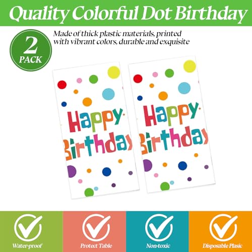 Image of 2 Pack Happy Birthday Tablecloth Party Decorations, 54X108inch Disposable Rectangle Colorful Polka Dots Table Cloths Waterproof Plastic Table Cover for Girls Boys Kids Birthday Supplies