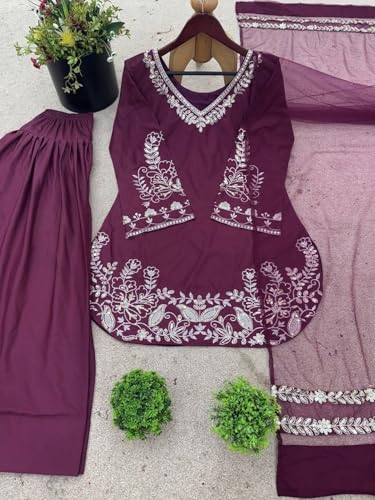 Image of Durwa wondermart Women Silk Crepe Embroidery Work full sleeve v neck with Patiala Gharara with net fabric dupatta set for women