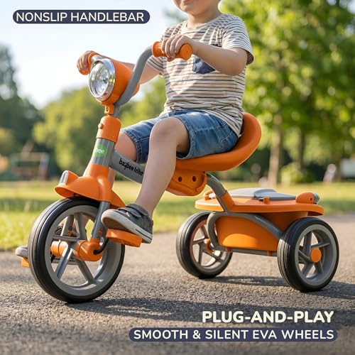 Image of GoodLuck Baybee Flyer Foldable Baby Tricycle for Kids | Kid Cycle with LED Light, Music & Storage Baskets | Baby Tricycle with Adjustable Seat & Handle | Cycle for Kids 2 to 5 Years (Orange)