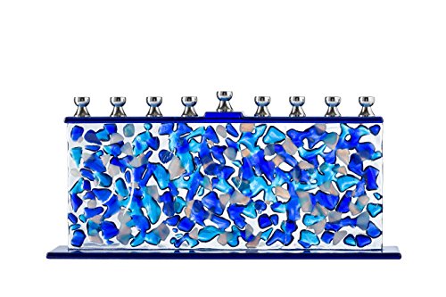 Ner Mitzvah Glass Hanukkah Menorah - Blue & White Confetti Glass Chanukah Menorah - Handcrafted Painted Glass Menorah - Fits All Standard Chanukah Candles