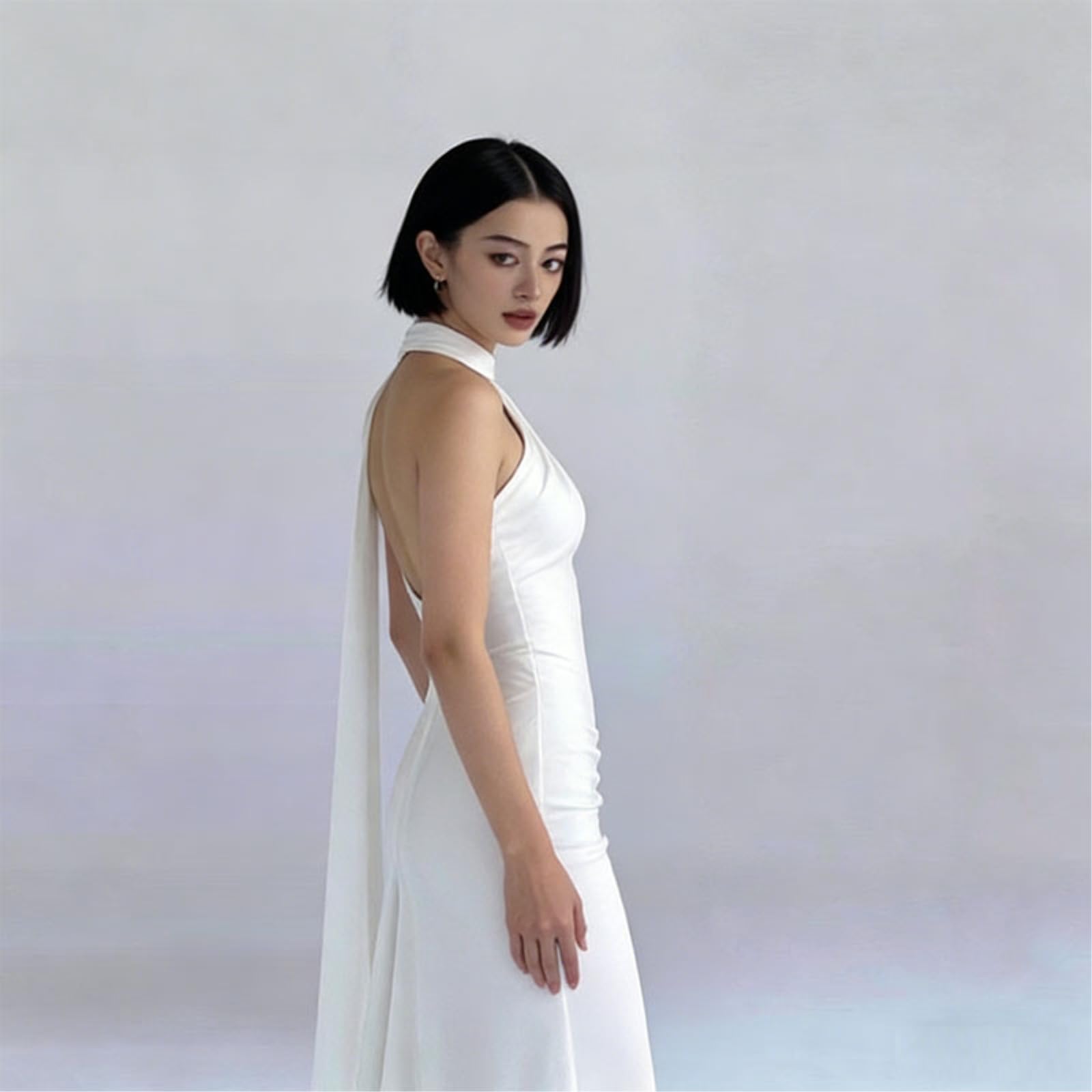Abito Donna Halter Raso Maxi Nastro Drape Sirena da Sera, Liscio Opaco per Il Matrimonio-White-m