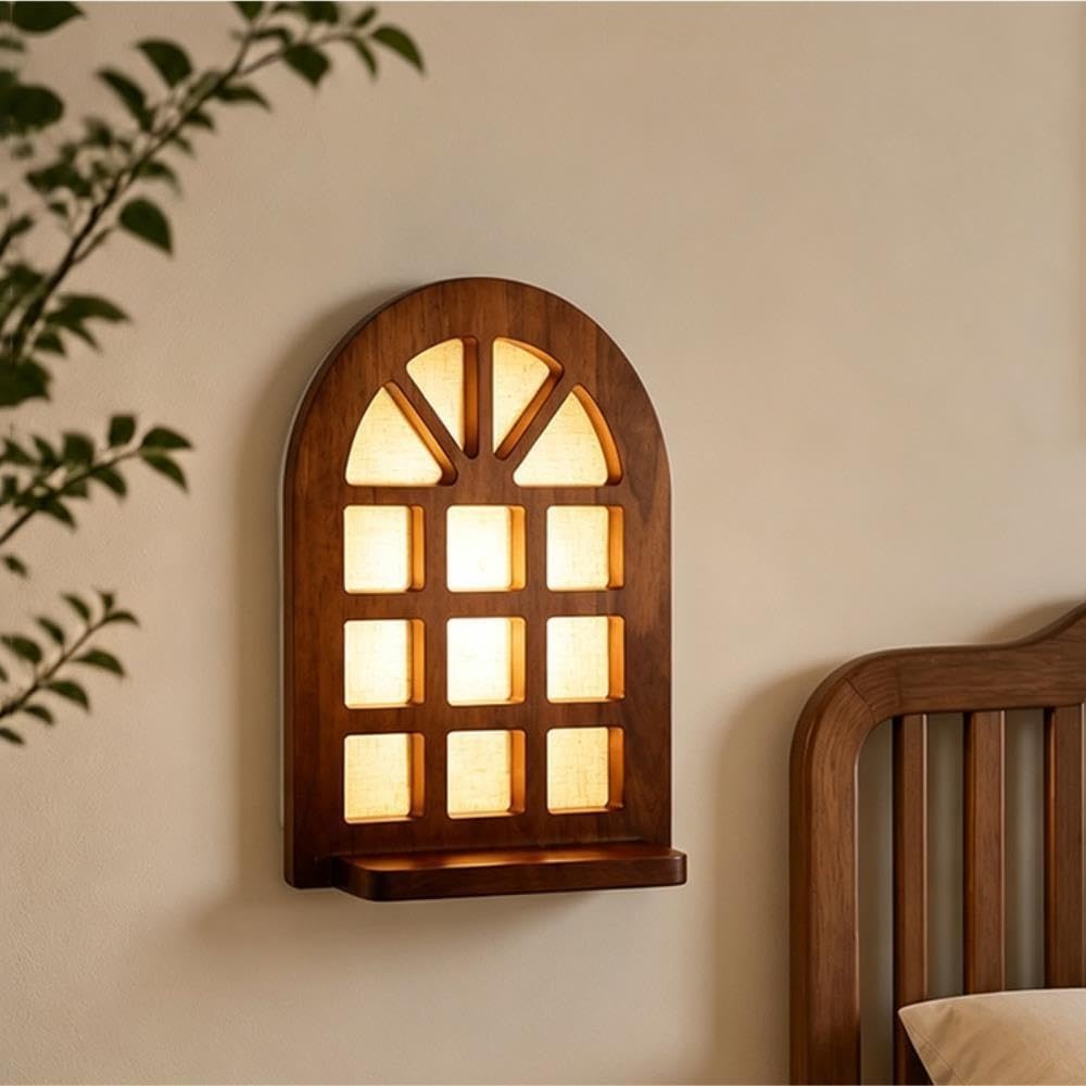 Lampada da parete con finestra ad arco della metà del secolo, luce | Metà del secolo, finestra ad arco, legno, mensola, applique da parete a LED