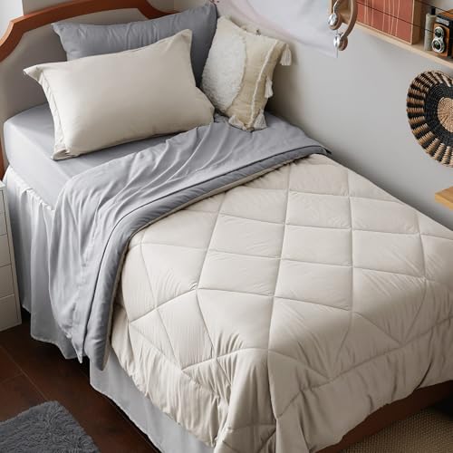 Image of Bedsure Twin Comforter Set - 5 Pieces Reversible Beige Bedding, Twin Size Bed Set for All Seasons, Bed in a Bag with Down Alternative Comforter, Sheets, Pillowcase & Sham