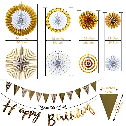 Image of Party Propz Paper Birthday Decoration Items for Husband,Girl Or Boy-10Pcs / Gold Paper Fan Hanging Decorations Set with Gold Happy Birthday Banners and Pennant Banner for Bday Decorative Supplies Materials