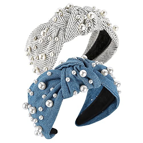 QIANXUAN Cloth Headbands Tie For Women Top Knot Headband With Pearls Denim Headband For Girls Hair Wide Beads Bow Glam Thick Fashion Hairband
