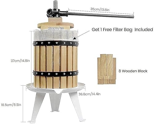 Miniatura 3 de SQUEEZE master Prensa clásica de vino de sidra de manzana y frutas, cesta de madera maciza de 4.75 galones18 litros con trituradora clásica de