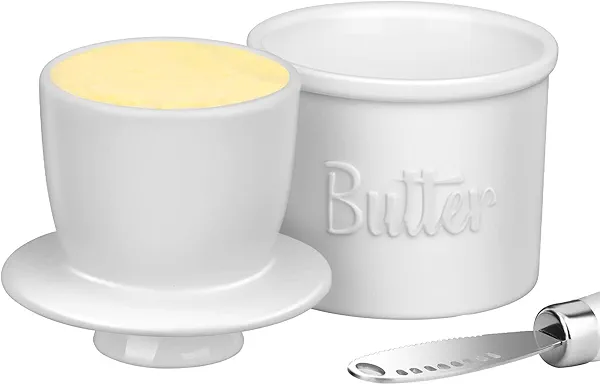 Butter Crock with Spreader, French Butter Keeper with Water Line for Counter, The Original Porcelain Butter Dish. Gift for Thanksgiving, Christmas and Mother’s Day,JSHKY. (Color: White)