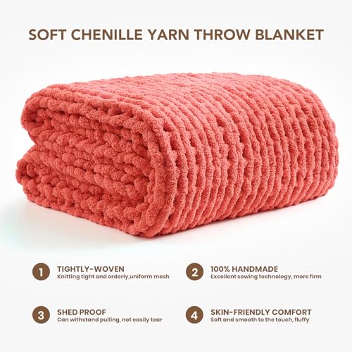 L'AGRATY Chunky Knit Blanket Throw: 50''x60'' Chenille Chunky Knitted Throw Blankets for Bed Couch - Handmade Thick Cable Knit Blanket - Large Crochet Rope Blankets for Home Decor(Coral Pink)