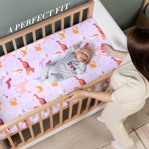 Image of UOMNY Crib Sheet 52x28 Baby Sheet for Girls Breathable Dog Fitted Crib Sheet for Standard Crib and Toddler Mattress Soft Toddler Sheet Purple