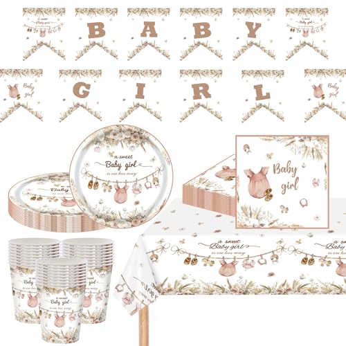 MOMAHUA 63 Pièces Vaisselles Fête Baby Shower Fille, Rose Service de Table en Papier Décoration...