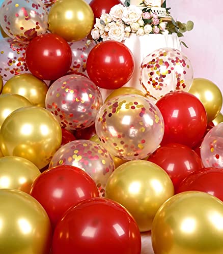 Image of Metallic Shiny Red and Gold Balloons 12 Inch 67PCS Red Gold Confetti Balloons Latex Helium Balloon Set for Graduation Anniversary Wedding Birthday Party Decorations