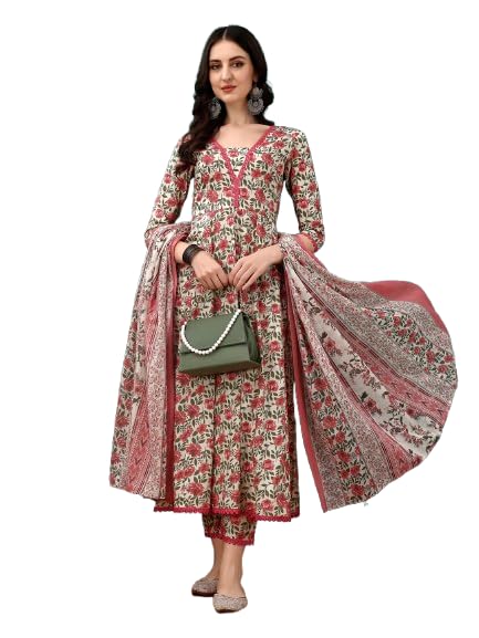 NIVANA Floral Printed Pure Cotton V-Neck Anarkali Kurta with Trousers & Dupatta for Womens | Fashionable