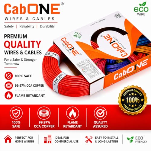Image of CabONE 1.0 SQ.MM FR PVC Insulated Copper Electrical Wire, 90 Meter (Red, Pack of 2) | ISI Marked Fire Retardant Single Core Cable for Home Wiring