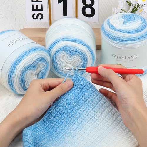 Image of Aeelike Gradient Yarn for Crocheting, 3 Skeins Cake Yarns 100g (3.52 oz) 245m (267 Yards) # 3 Light Weight Super Soft Ombre Yarns for Making Blanket Scarves Sweaters, Blue White Gradient