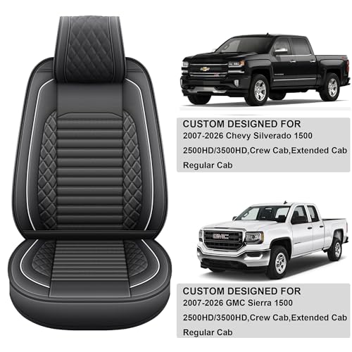 Image of JOJOBAY Chevy Silverado Seat Covers,GMC Sierra Seat Covers,Custom Fit 2007-2026 1500 2500HD 3500HD Crew Extended Regular Cab,LT LZT RST Trail Boss(Front Pair,Black White)