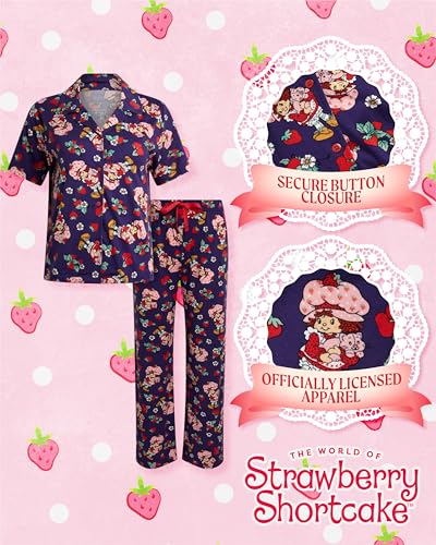 Image of COCO BRANDS Strawberry Shortcake Womens Pajama Sets - 2 Piece Soft Stretch Button Down Sleep Shirt and Pajama Pants