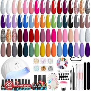 MEFA 56 Pcs Gel Nail Polish Kit with U V Light, 32 Colors All Seasons Soak Off Gel Polish Nail Set with Matte/Glossy Base Top Coat Essential Manicure Tools Nails Art Decorations Salon Easters Gifts