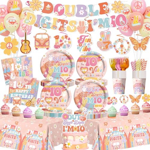 Double Digits Birthday Girl Decorations Groovy Birthday Decor Peace Out Single Digits Im 10 Year Old Retro Hippie Party Supplies with Balloons Tablecloth Plates Napkins Cups and More for 24 Guests