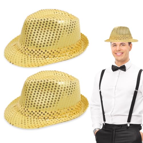 UILYNIU 2 Pièces Chapeau à Paillettes, Chapeau de Danse Jazz Déguisement, Chapeaus de Fête à Paillettes, Tenue Disco, Chapeaus Fedora, Accessoires de Costume Disco, Spectacles de Jazz(Or)