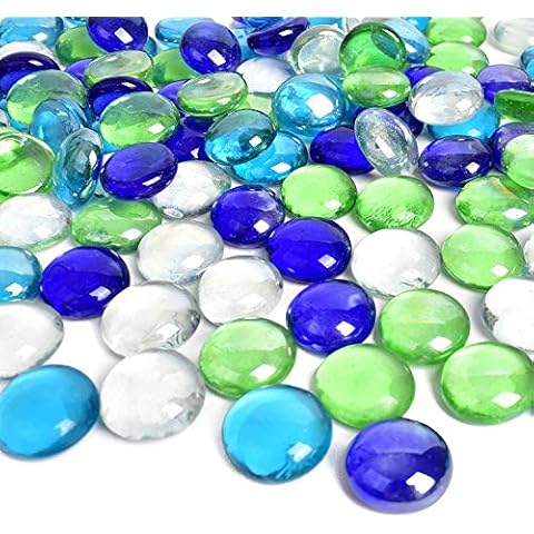 huianer Round Clear Glass Pebbles 450g, Mixed Color Blue Green Glass Beads Stone Glass Marbles Flat Gems for Vase Filler Aquarium Decor Garden Decoration Cover