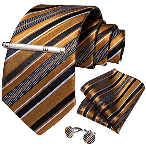 Image of DiBanGu Mens Striped Tie Silk Woven Necktie and Pocket Square Cufflinks Tie Clip Set Wedding Business Formal Gift Tie for Men