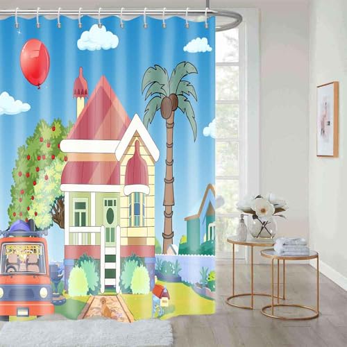 Image of Blue Them Balloon Cartoon House 60x72 Decorative Shower Curtain With Hooks | Bluey Backdrop With Cartoon House Red Balloon Print, Polyester Shower Curtain, With Hooks For Bathroom Decoration