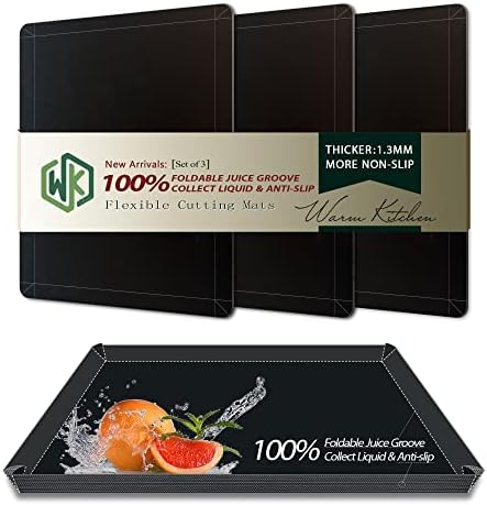 Flexible Plastic Cutting Boards for Kitchen Set of 3, WK Foldable Cutting Board Mats with Juice Grooves, Non Slip Cutting Boards for Meat, Dishwasher Safe, BPA Free, Black