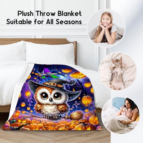 Halloween Blanket, Personalized Kids Blanket with Name, Cute Owl Throw, Custom Gifts for Girls, Soft Fleece Throw for Halloween Decoration (4 Sizes Choose)
