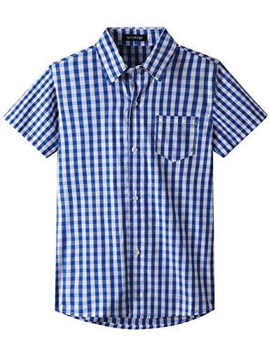Spring&Gege Boys' Short Sleeve Poplin Button Down Shirt Plaid Uniform Dress Shirts, Royal Blue Large Check Gingham,11-12 Years