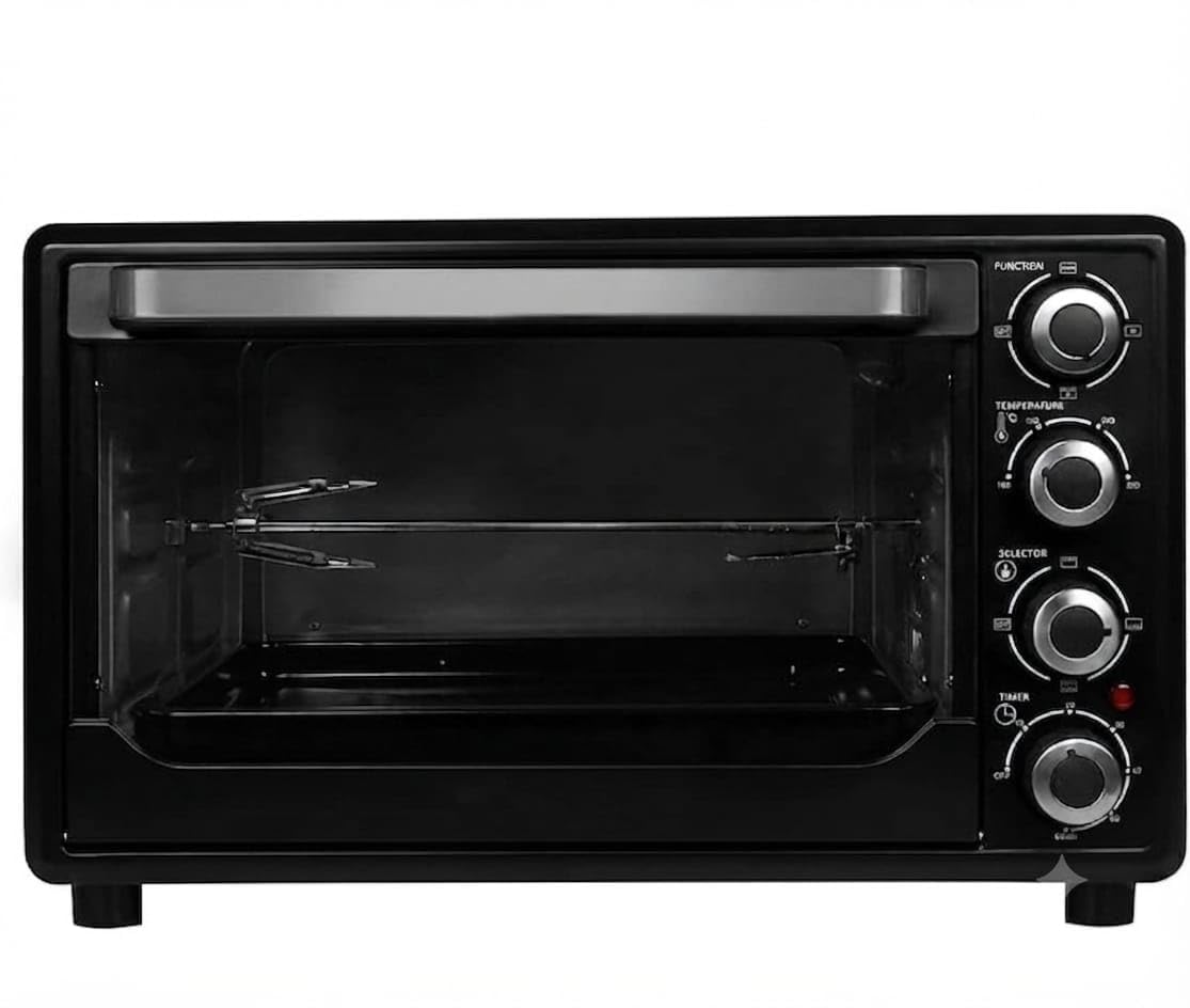 electric oven toaster griller, 34 litre, black | temperature control knob, selector & timer knobs, rotisserie function, 475x365x292 mm, countertop design