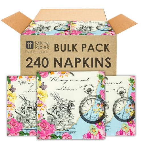 240 x Alice in Wonderland Party Napkins Disposable Paper Serviettes for Tea Party Table Decorations for Onederland Baby Shower, Kids Birthday, Mad Hatter & Alice Decor– Vintage Themed Party Supplies