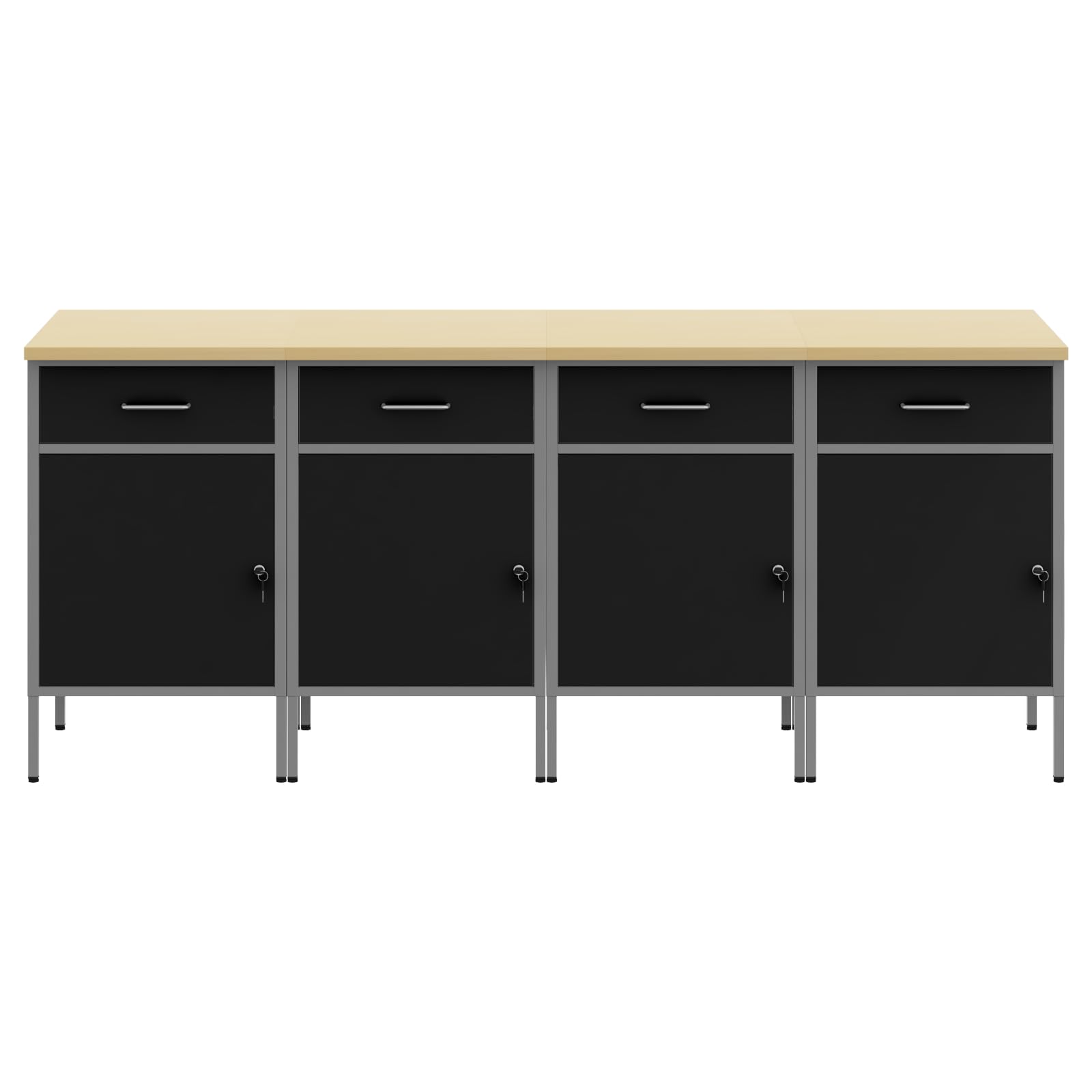 Banco da lavoro con cassetti, 4 pezzi, nero e grigio, 200 x 55 x 85 cm, 200 cm, banco da lavoro (4 cassetti e 4 porte)