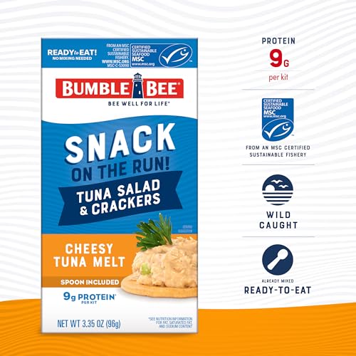 Image of Bumble Bee Snack On The Run! Cheesy Melt Tuna Salad Kit | Ready to Eat Easy-Open Canned Tuna Salad with Crackers Snack Pack, 9g Protein per Box, Wild Caught MSC Certified Tuna