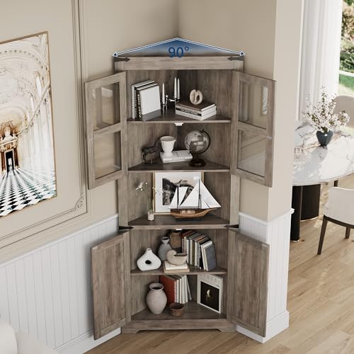 GarveeHome 67" Tall Corner Storage Cabinet with Lights, Farmhouse Corner Hutch Display Cabinet with Glass Doors, Wooden Storage Organizer for Kitchen, Living Room, Bathroom, Washed Grey