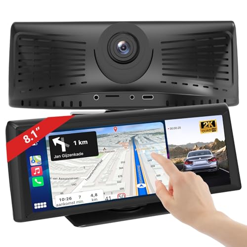 8.1' Wireless Carplay Screen for Car with 2K DVR & 1080P Backup Camera, Portable Touchscreen Car Stereo with Carplay & Android Auto, BT/FM/AUX/GPS Nav/Mirror Link/Voice Control for My Old Car