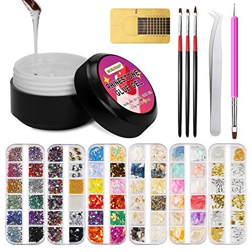 Nail Rhinestones Glue Gel, 6Boxes Rhinestones for Nails and 15ml Rhinestone Glue Gel,Nail Gems Crystals Nail Art Rhinestones Supplies with Rhinestone Glue for Nails Art Decoration